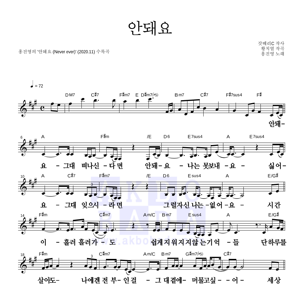 홍진영 - 안돼요 멜로디 큰가사 악보 