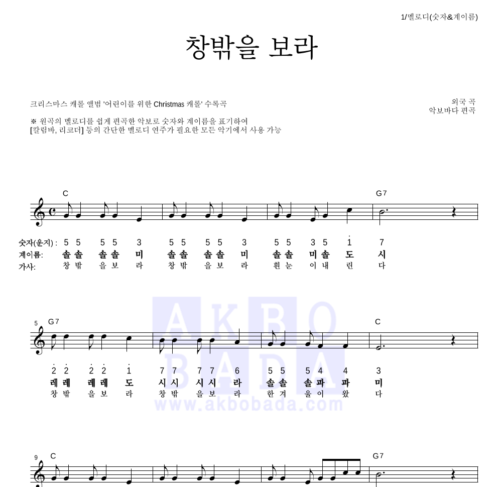 크리스마스 캐롤 - 창밖을 보라 멜로디-숫자&계이름 악보 
