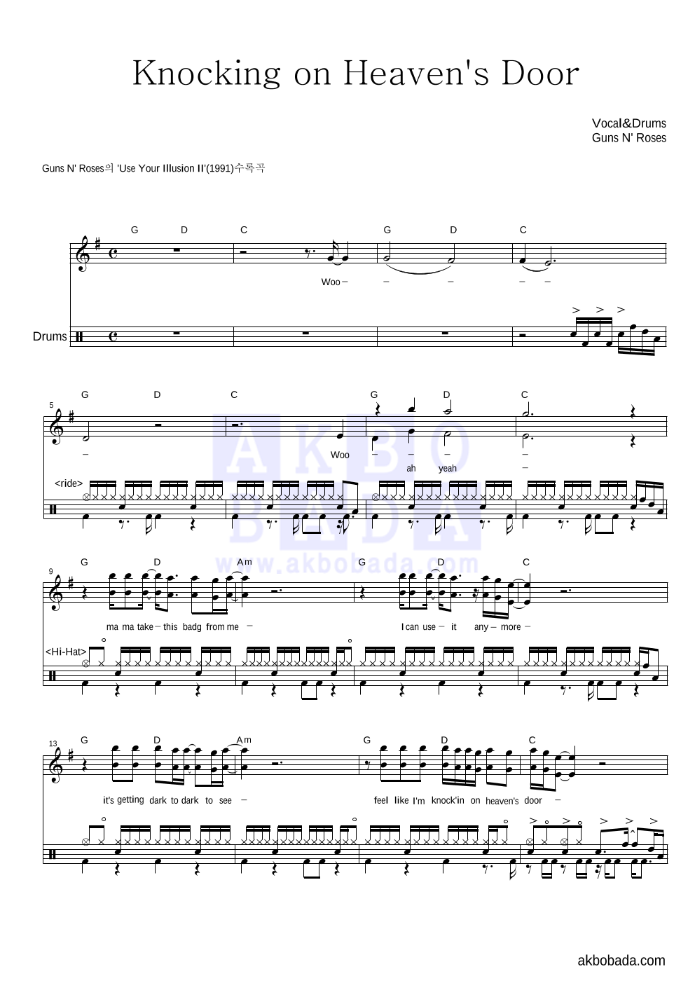 Guns N' Roses - Knockin' On Heaven's Door 드럼 악보 