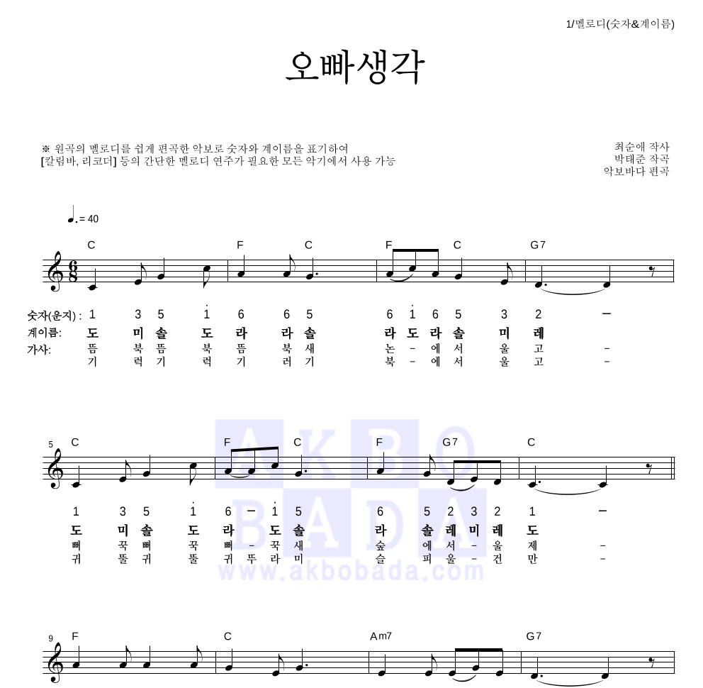 동요 - 오빠생각 멜로디-숫자&계이름 악보 