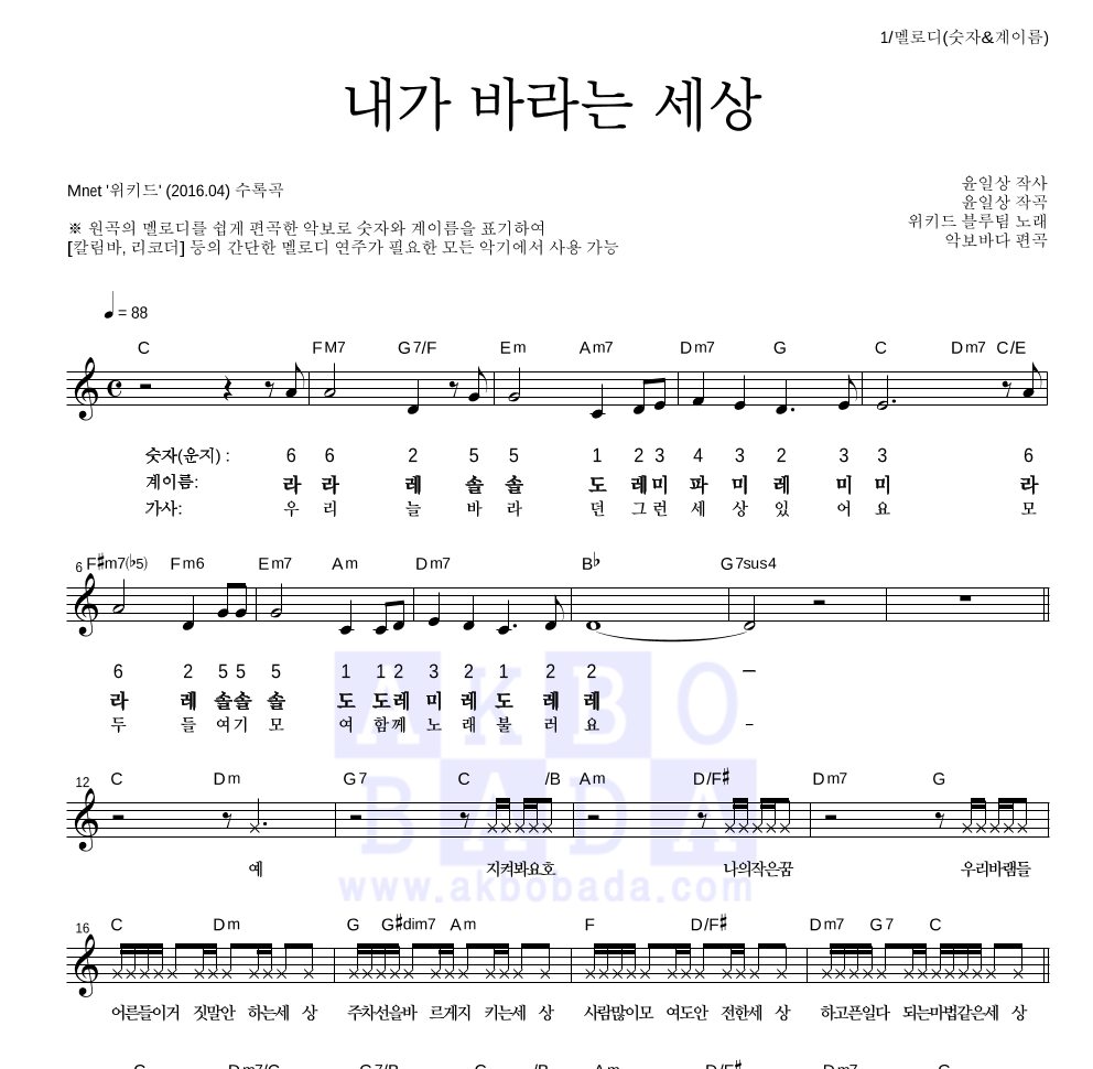 위키드 블루팀(최명빈,이하랑,홍의현,곽이안,박예음,최예나) - 내가 바라는 세상 멜로디-숫자&계이름 악보 