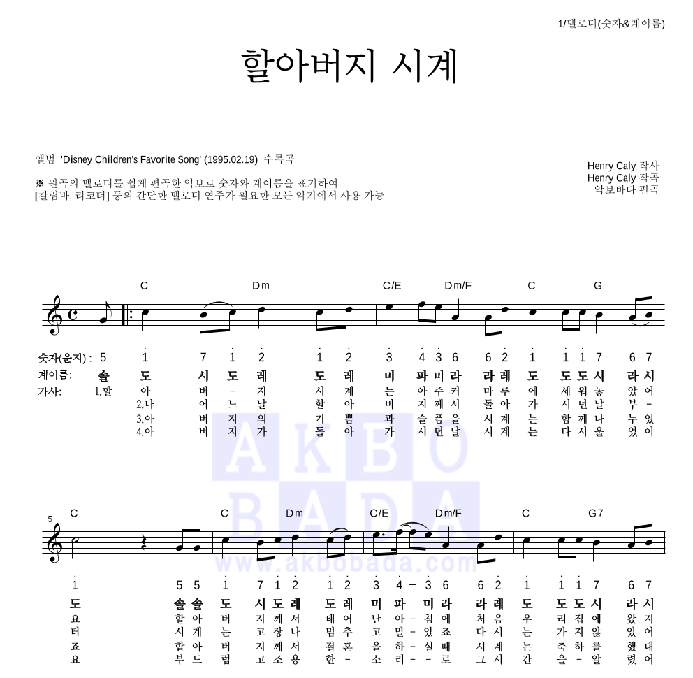 동요 - 할아버지 시계 멜로디-숫자&계이름 악보 