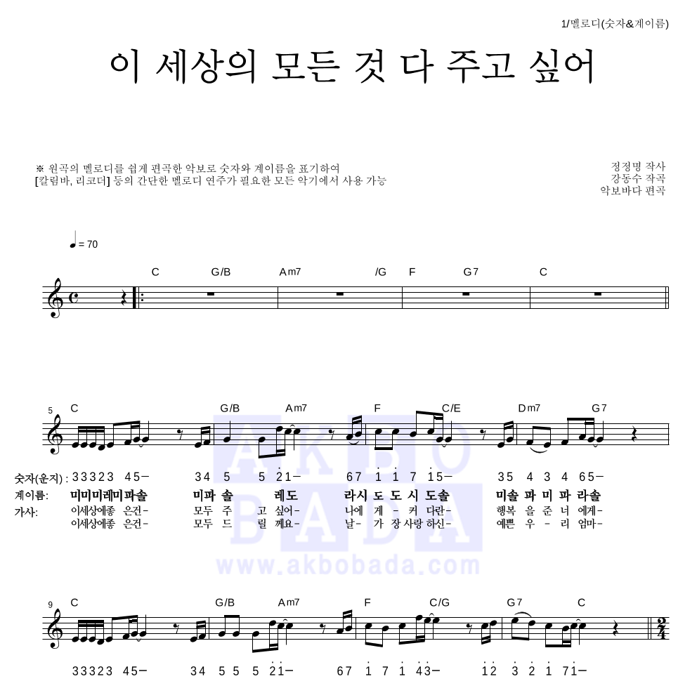 동요 - 이 세상의 모든 것 다 주고 싶어 멜로디-숫자&계이름 악보 