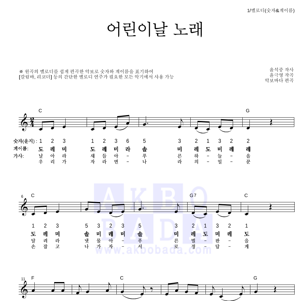 동요 - 어린이날 노래 멜로디-숫자&계이름 악보 