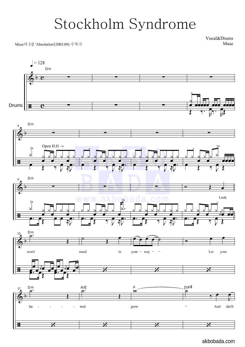 Muse - Stockholm Syndrome 드럼 악보 