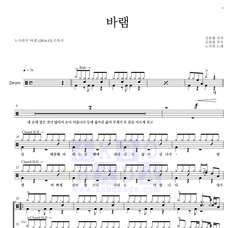 노사연 - 바램 드럼(Tab) 악보 