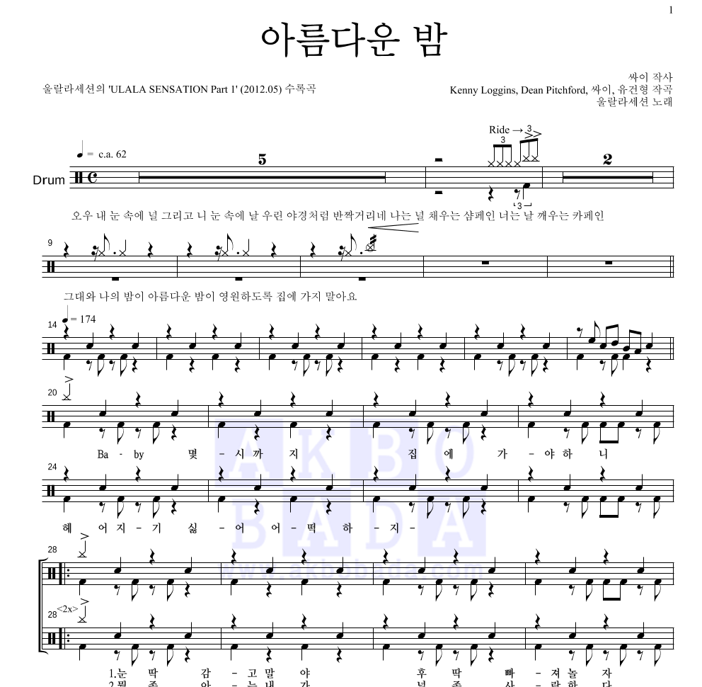 울랄라세션 - 아름다운 밤 드럼(Tab) 악보 