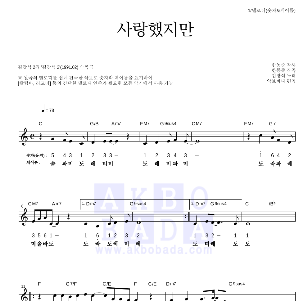 김광석 - 사랑했지만 멜로디-숫자&계이름 악보 