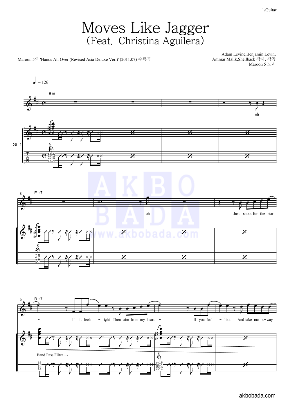 Maroon 5 - Moves Like Jagger (Feat. Christina Aguiler 기타 악보 