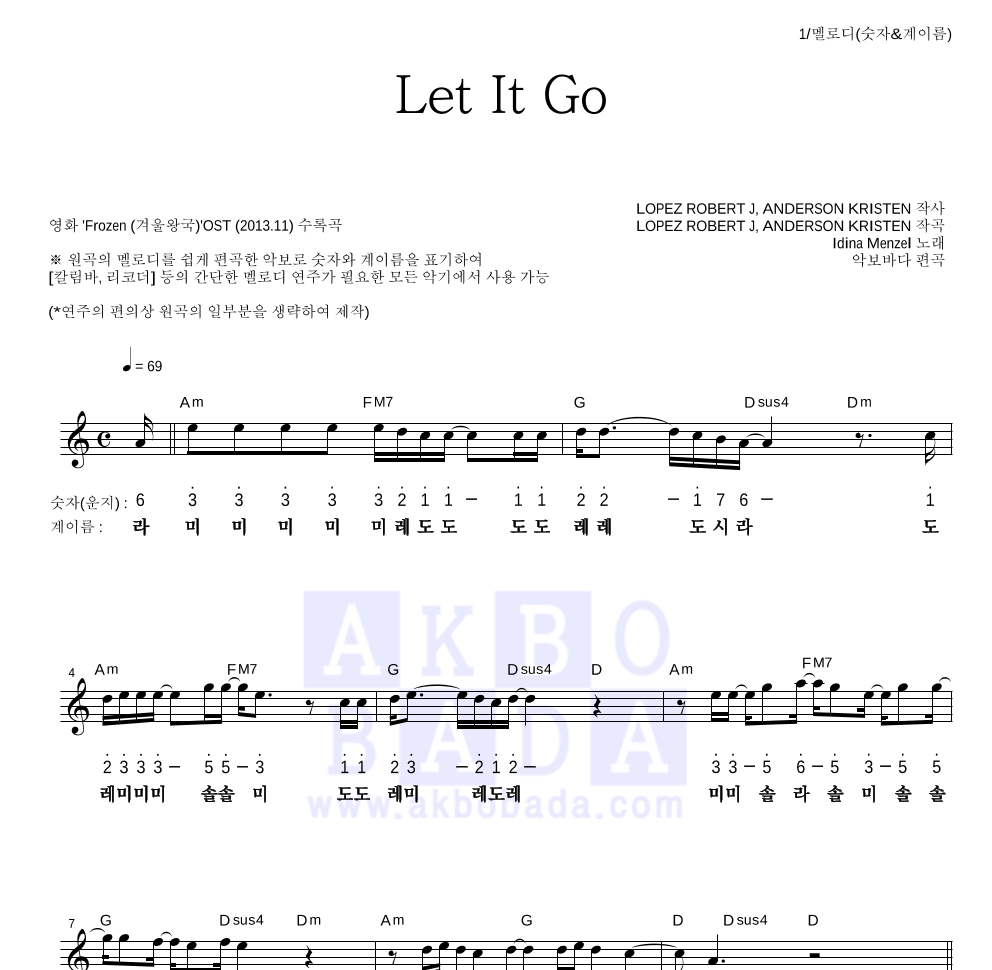 Idina Menzel - Let It Go 멜로디-숫자&계이름 악보 