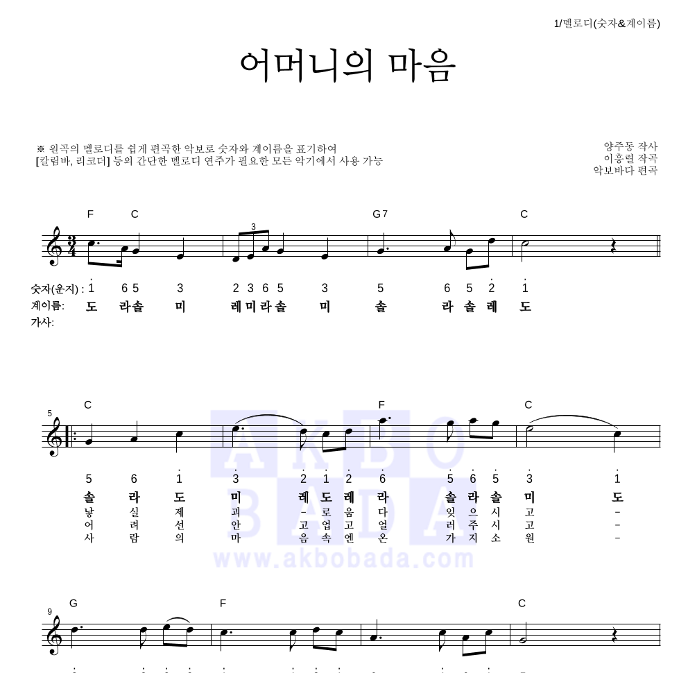 동요 - 어머니의 마음 멜로디-숫자&계이름 악보 