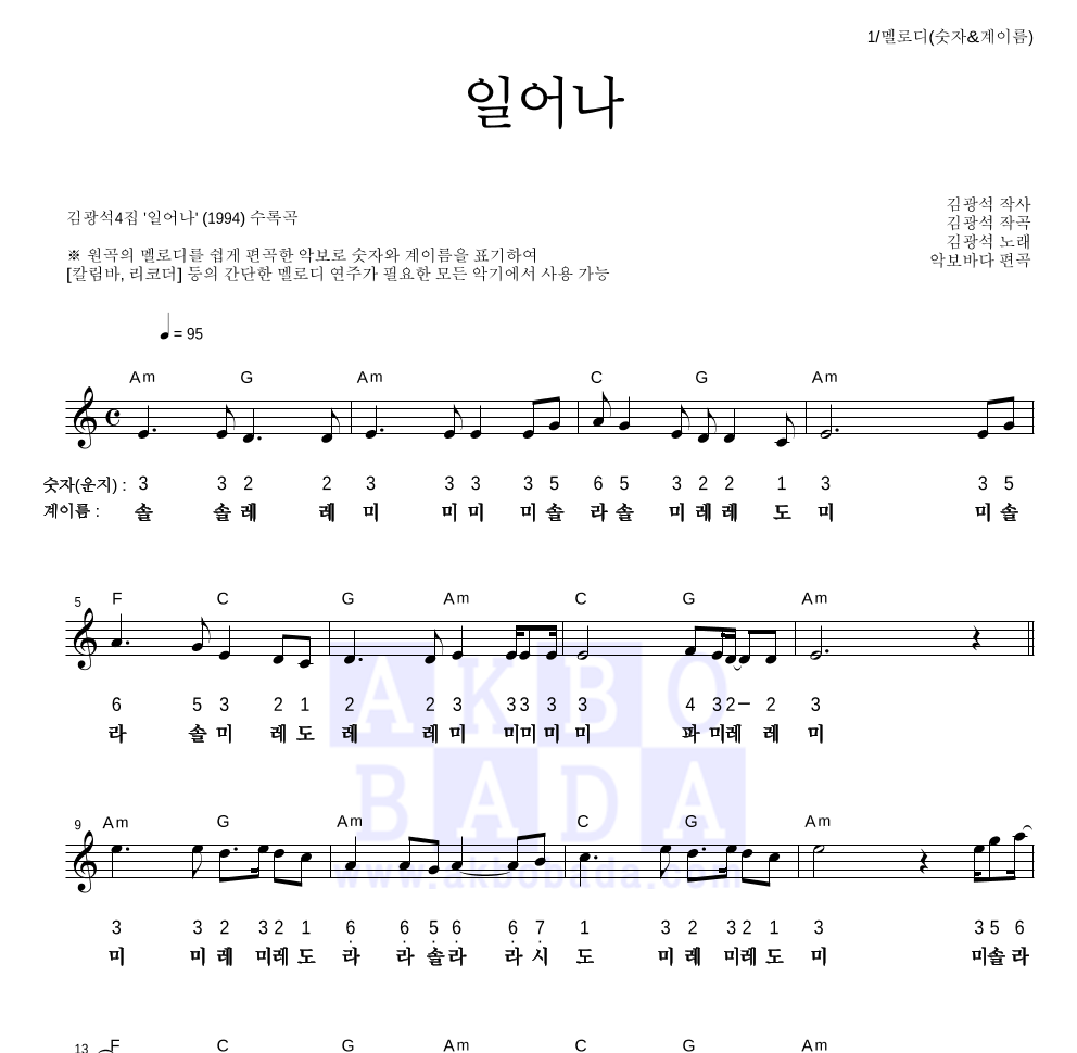 김광석 - 일어나 멜로디-숫자&계이름 악보 