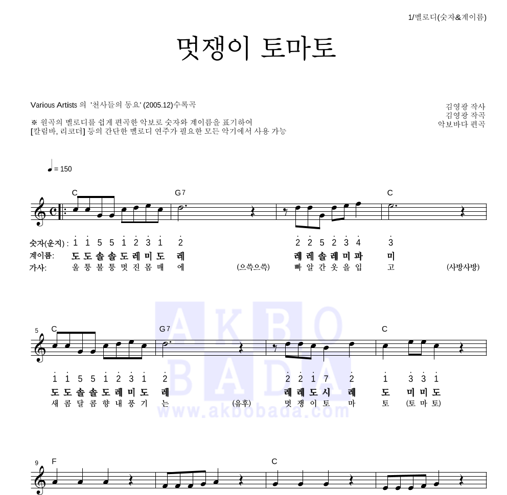 동요 - 멋쟁이 토마토 멜로디-숫자&계이름 악보 