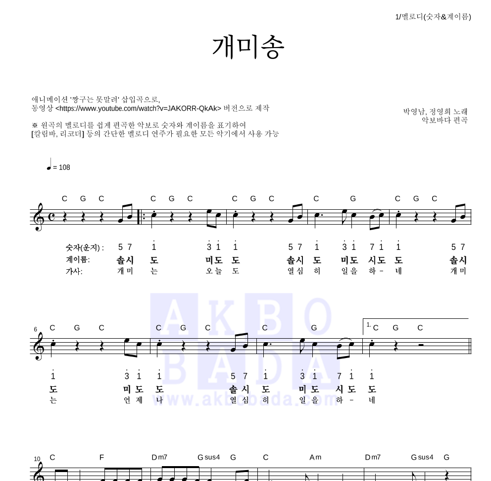 짱구는 못말려 OST - 개미송 멜로디-숫자&계이름 악보 