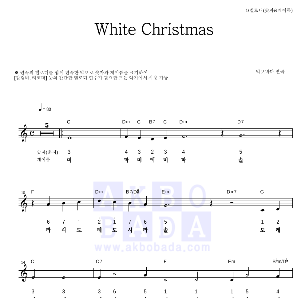 크리스마스 캐롤 - White Christmas 멜로디-숫자&계이름 악보 