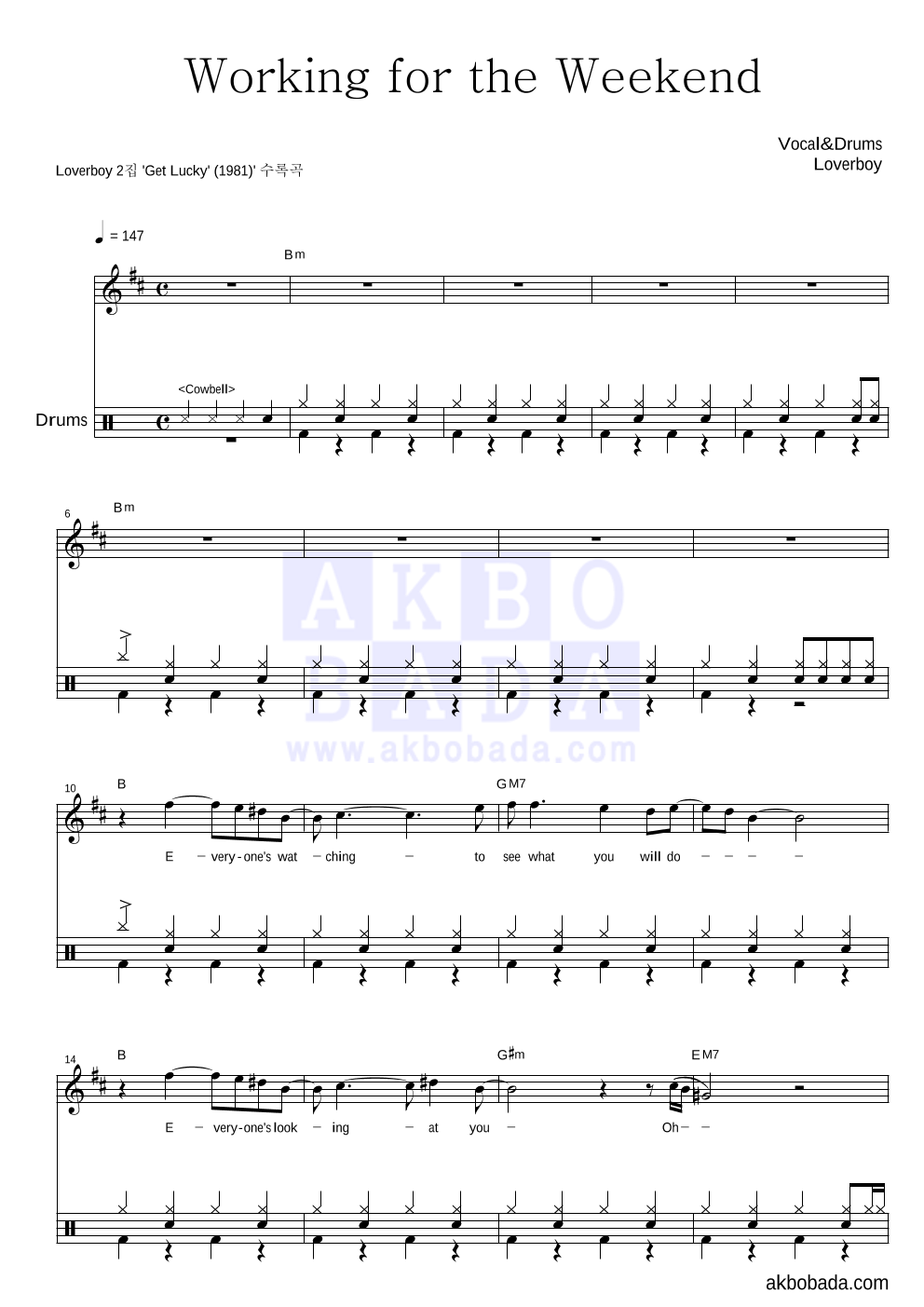 LoverBoy - Working For The Weekend 드럼 악보 