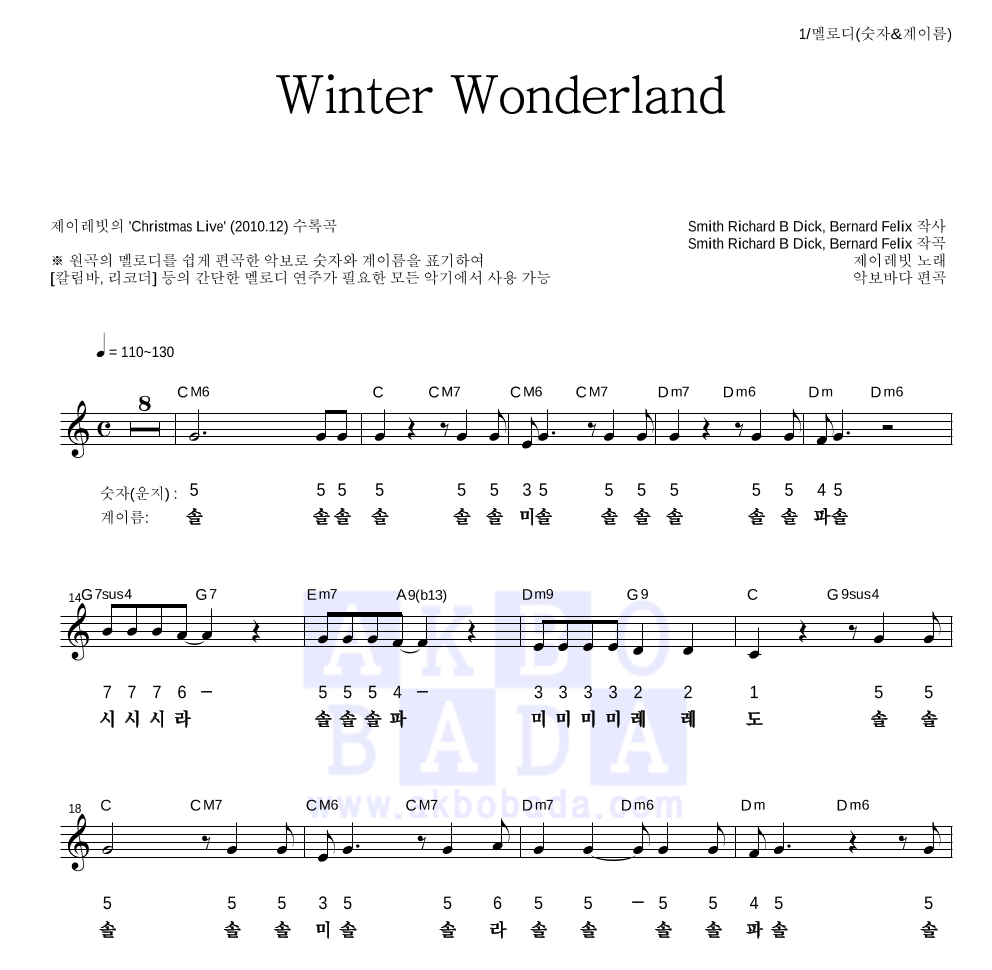 제이레빗 - Winter Wonderland 멜로디-숫자&계이름 악보 
