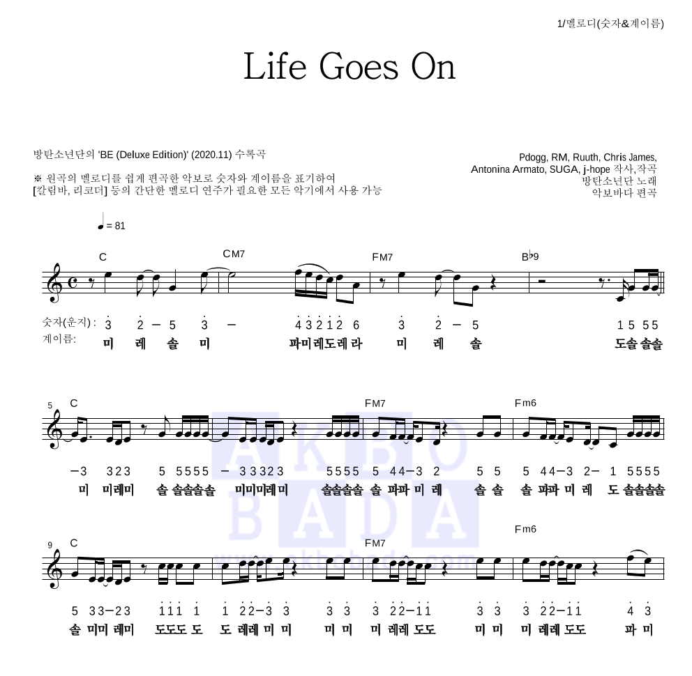 방탄소년단 - Life Goes On 멜로디-숫자&계이름 악보 