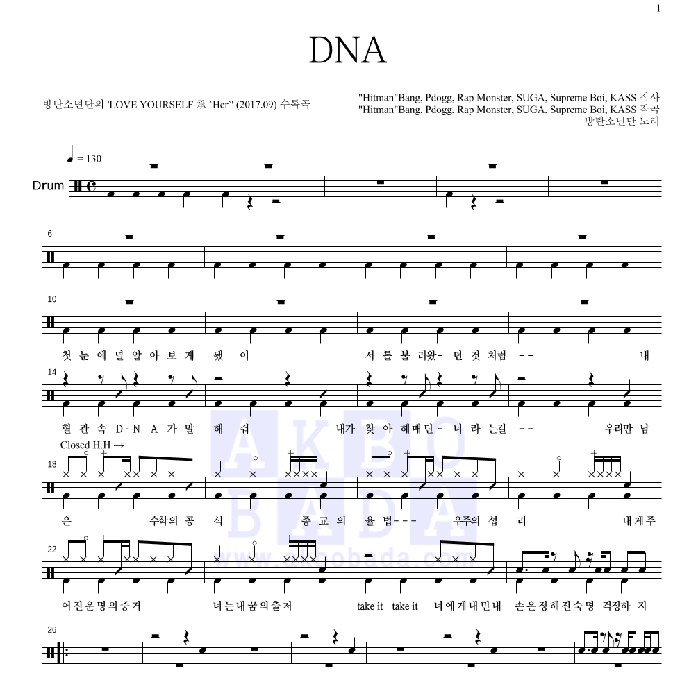 방탄소년단 - DNA 드럼(Tab) 악보 