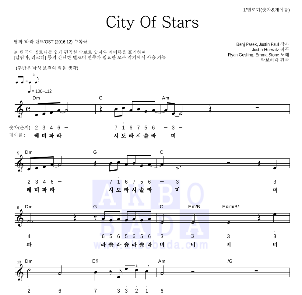 Ryan Gosling,Emma Stone - City Of Stars 멜로디-숫자&계이름 악보 