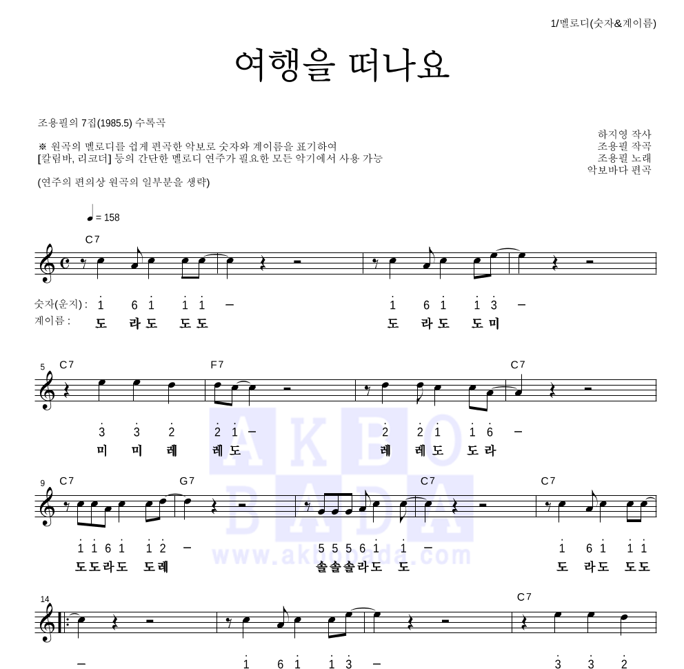 조용필 - 여행을 떠나요 멜로디-숫자&계이름 악보 