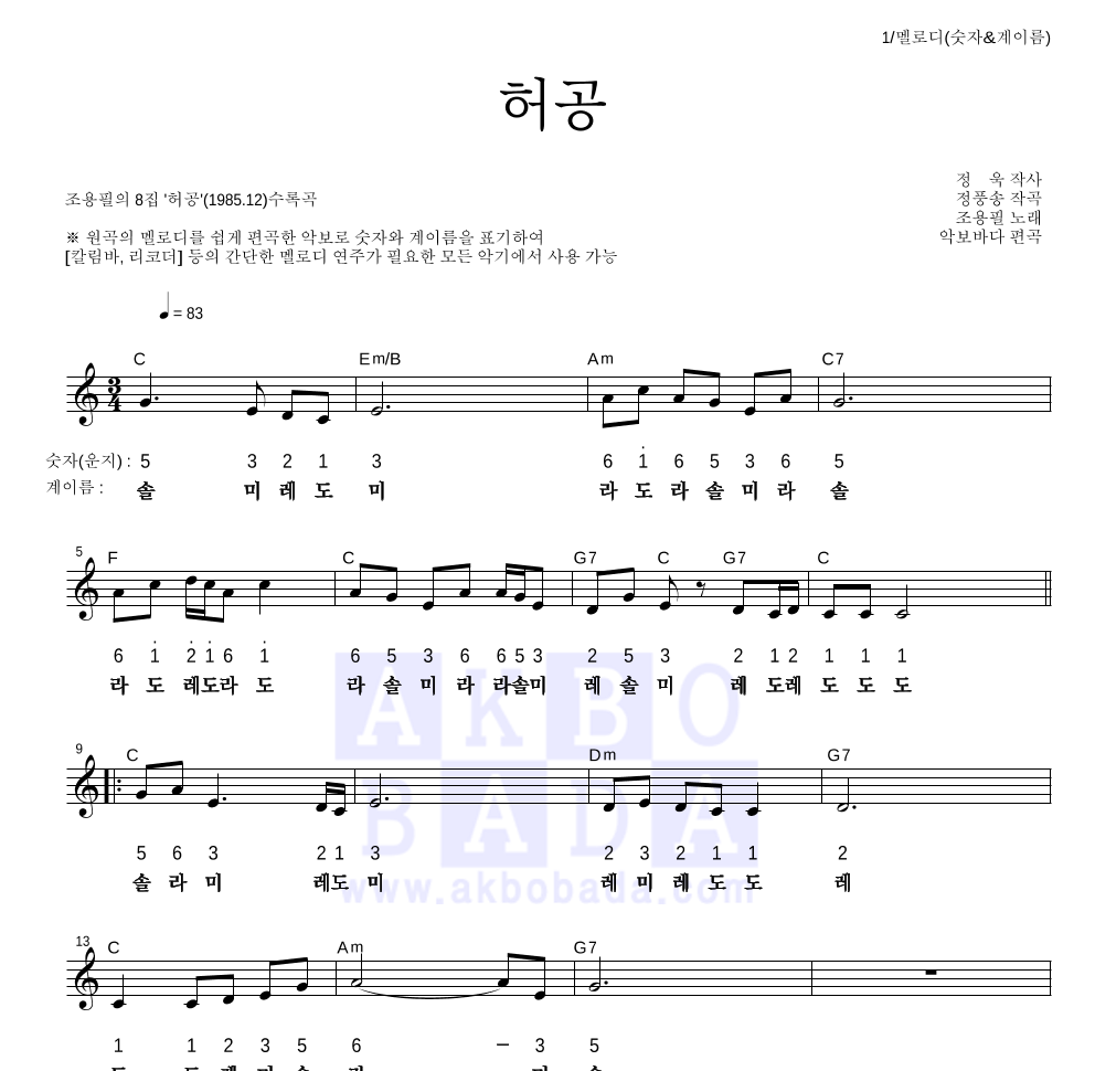 조용필 - 허공 멜로디-숫자&계이름 악보 