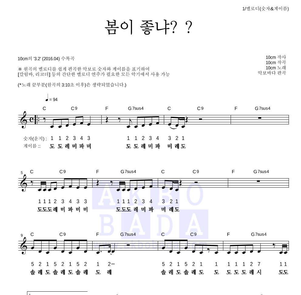 10CM - 봄이 좋냐?? 멜로디-숫자&계이름 악보 