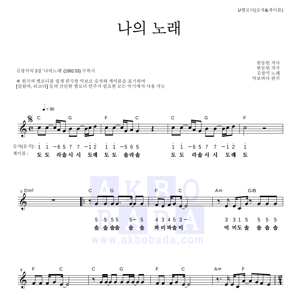 김광석 - 나의 노래 멜로디-숫자&계이름 악보 