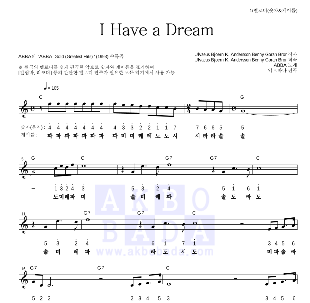 ABBA(아바) - I Have a Dream 멜로디-숫자&계이름 악보 