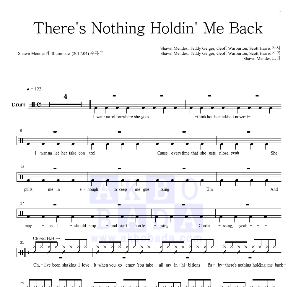 Shawn Mendes - There's Nothing Holdin' Me Back 드럼(Tab) 악보 