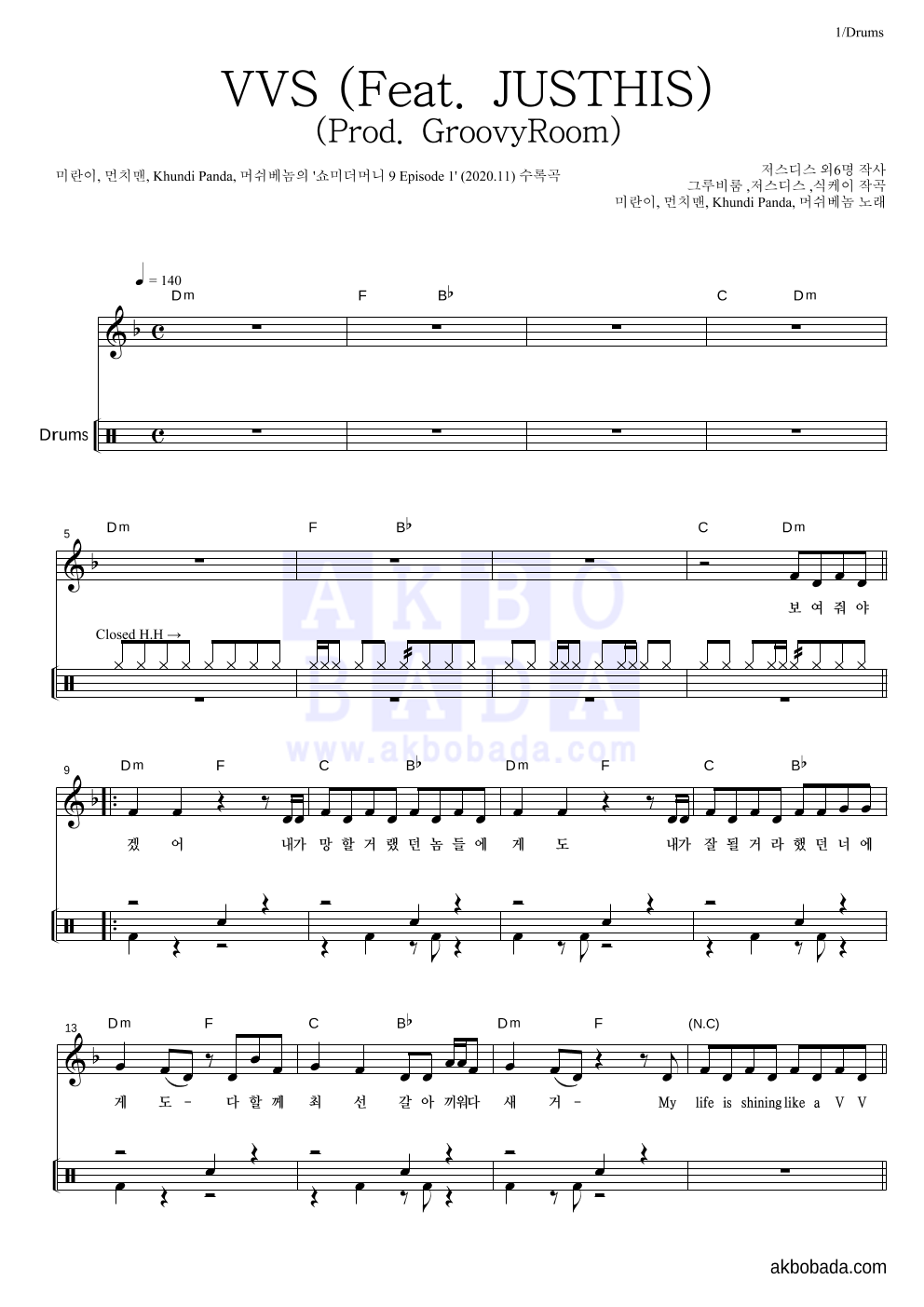 미란이,먼치맨,쿤디 판다,머쉬베놈 - VVS (Feat. JUSTHIS) (Prod. GroovyRoom) 드럼 악보 