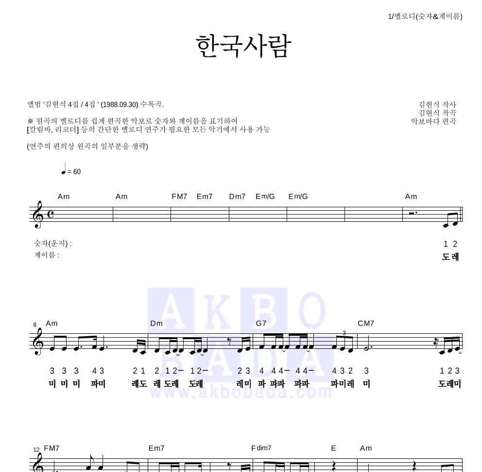 김현식 - 한국사람 멜로디-숫자&계이름 악보 