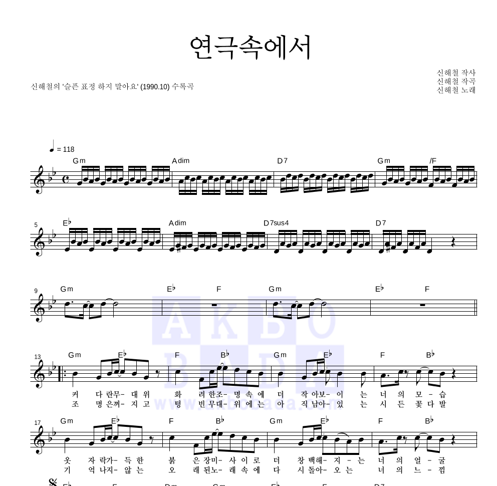 신해철 - 연극속에서 멜로디 악보 