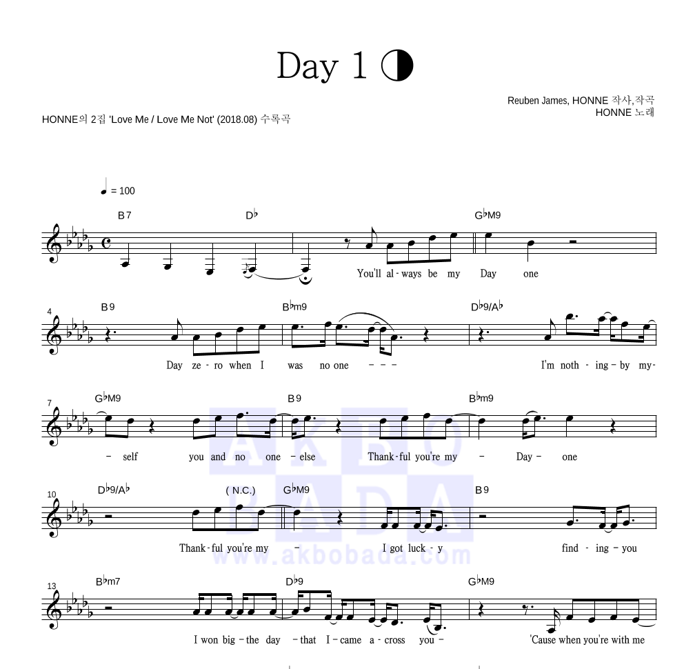 HONNE(혼네) - Day 1 ◑ 멜로디 악보 