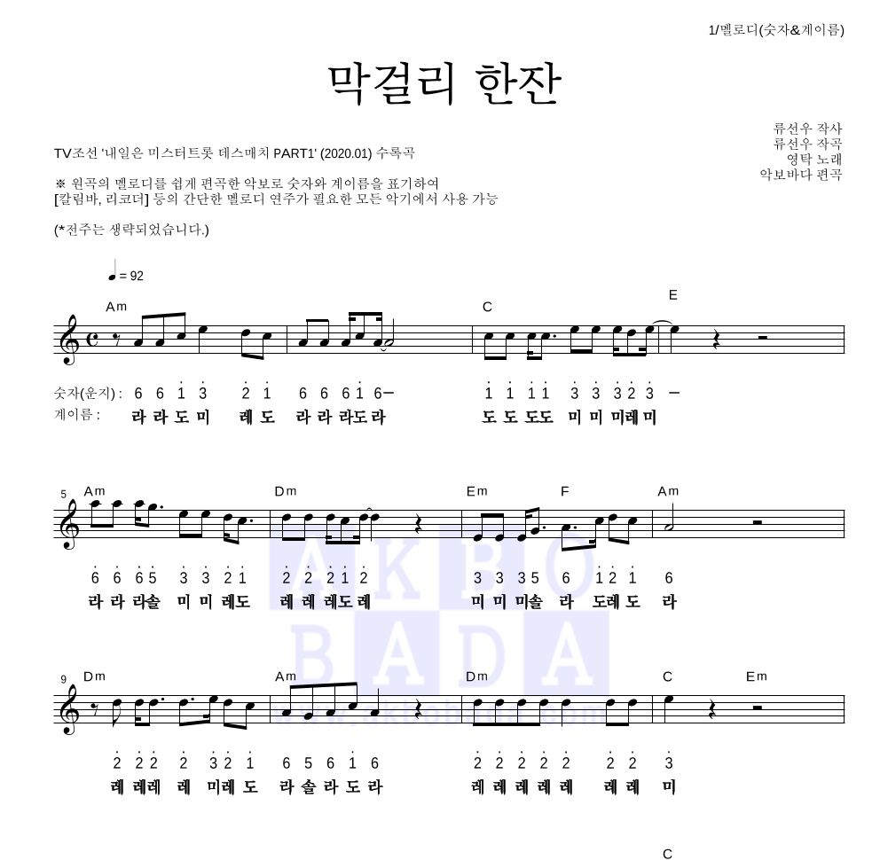 영탁 - 막걸리 한잔 멜로디-숫자&계이름 악보 