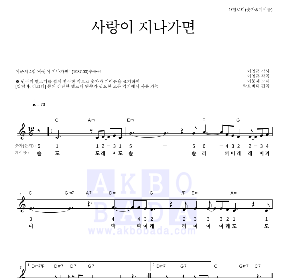 이문세 - 사랑이 지나가면 멜로디-숫자&계이름 악보 