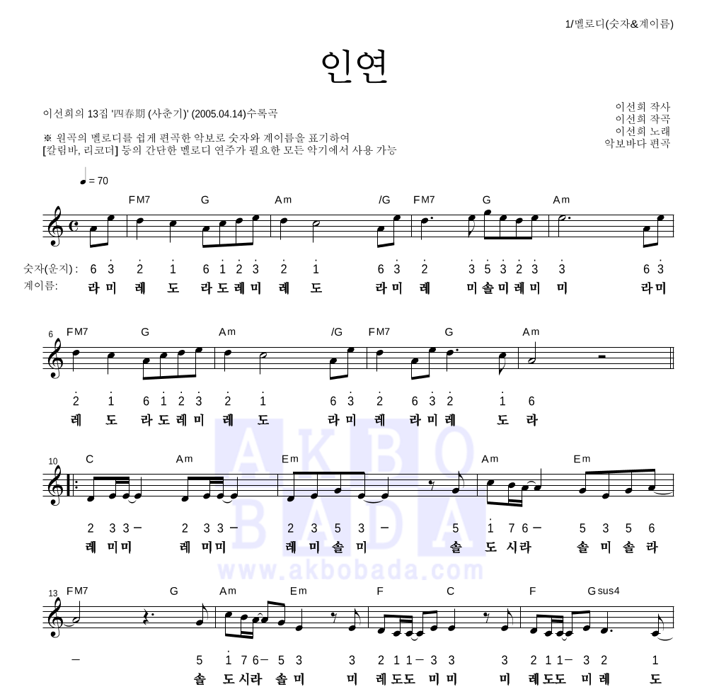 이선희 - 인연 (동녘바람) 멜로디-숫자&계이름 악보 