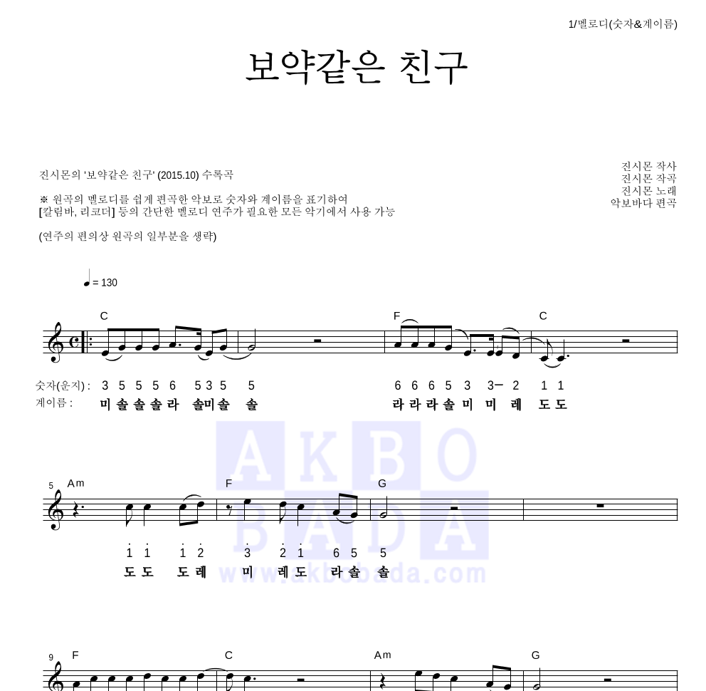 진시몬 - 보약같은 친구 멜로디-숫자&계이름 악보 