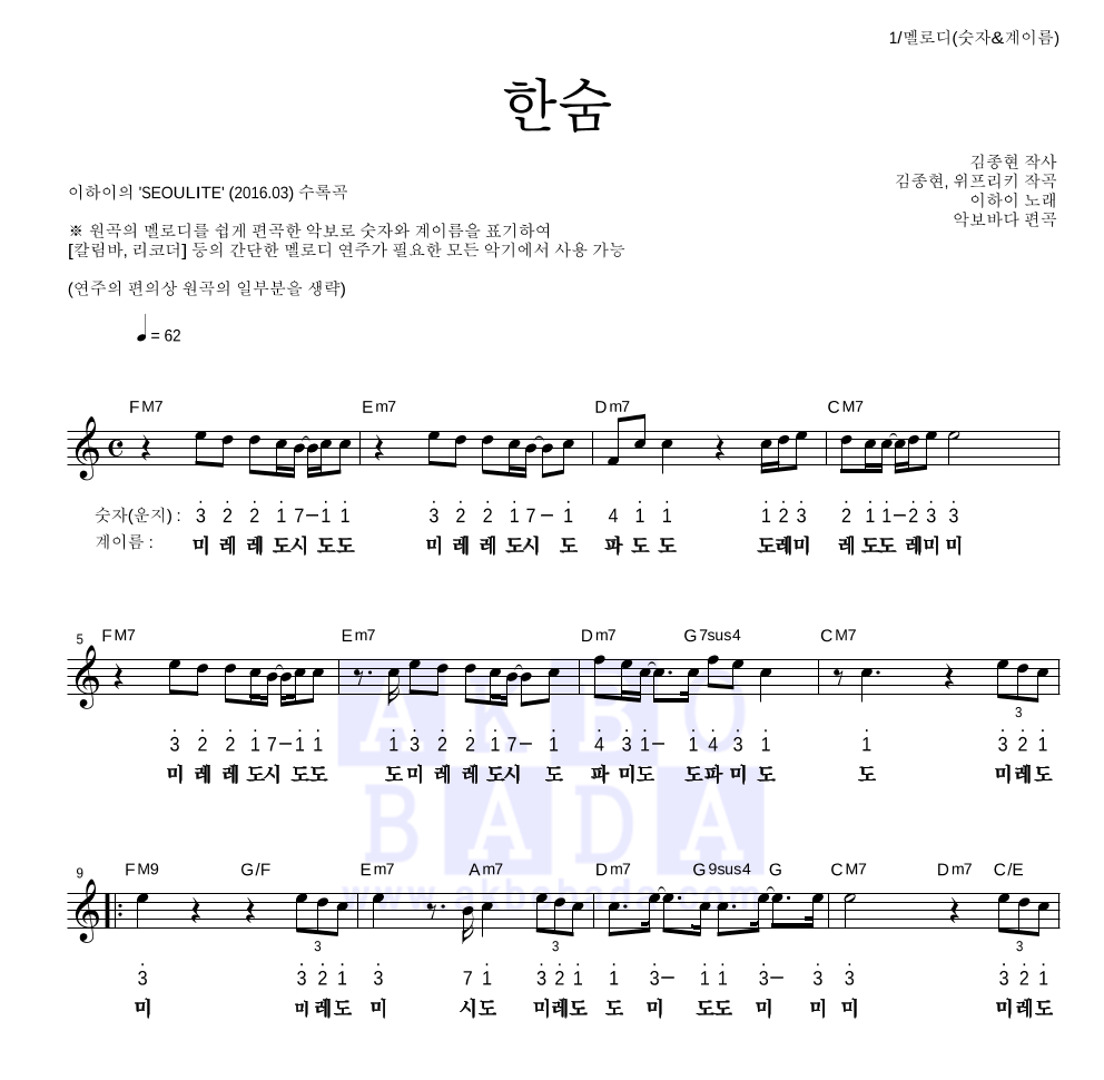 이하이 - 한숨 멜로디-숫자&계이름 악보 