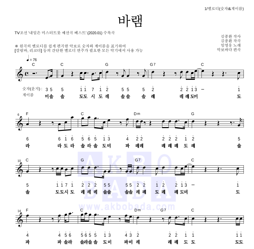 임영웅 - 바램 멜로디-숫자&계이름 악보 