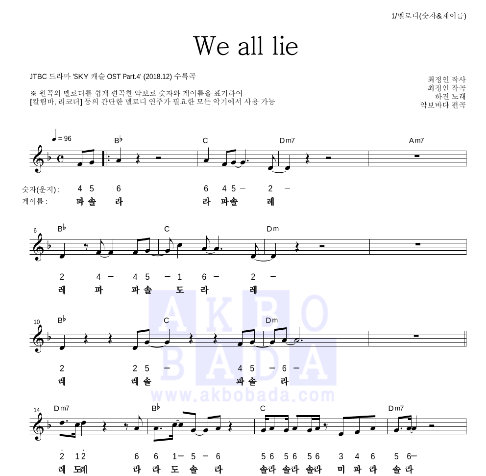 하진 - We all lie 멜로디-숫자&계이름 악보 