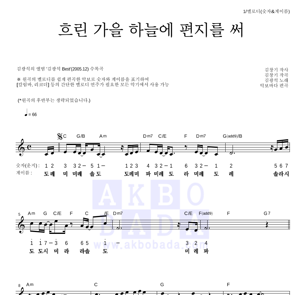 김광석 - 흐린 가을 하늘에 편지를 써 멜로디-숫자&계이름 악보 