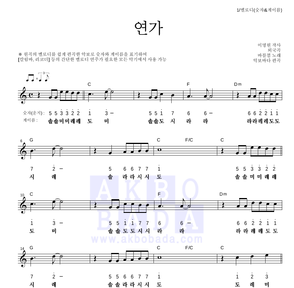 바블껌 - 연가 멜로디-숫자&계이름 악보 