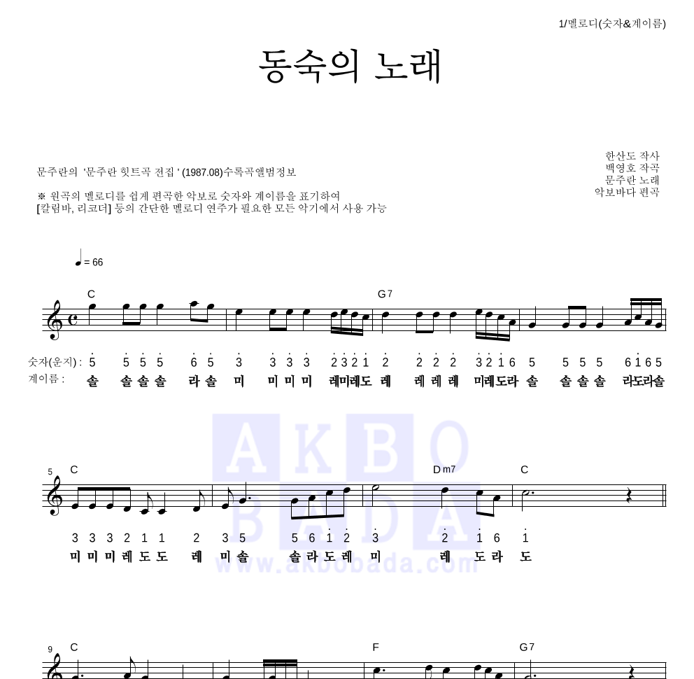 문주란 - 동숙의 노래 멜로디-숫자&계이름 악보 