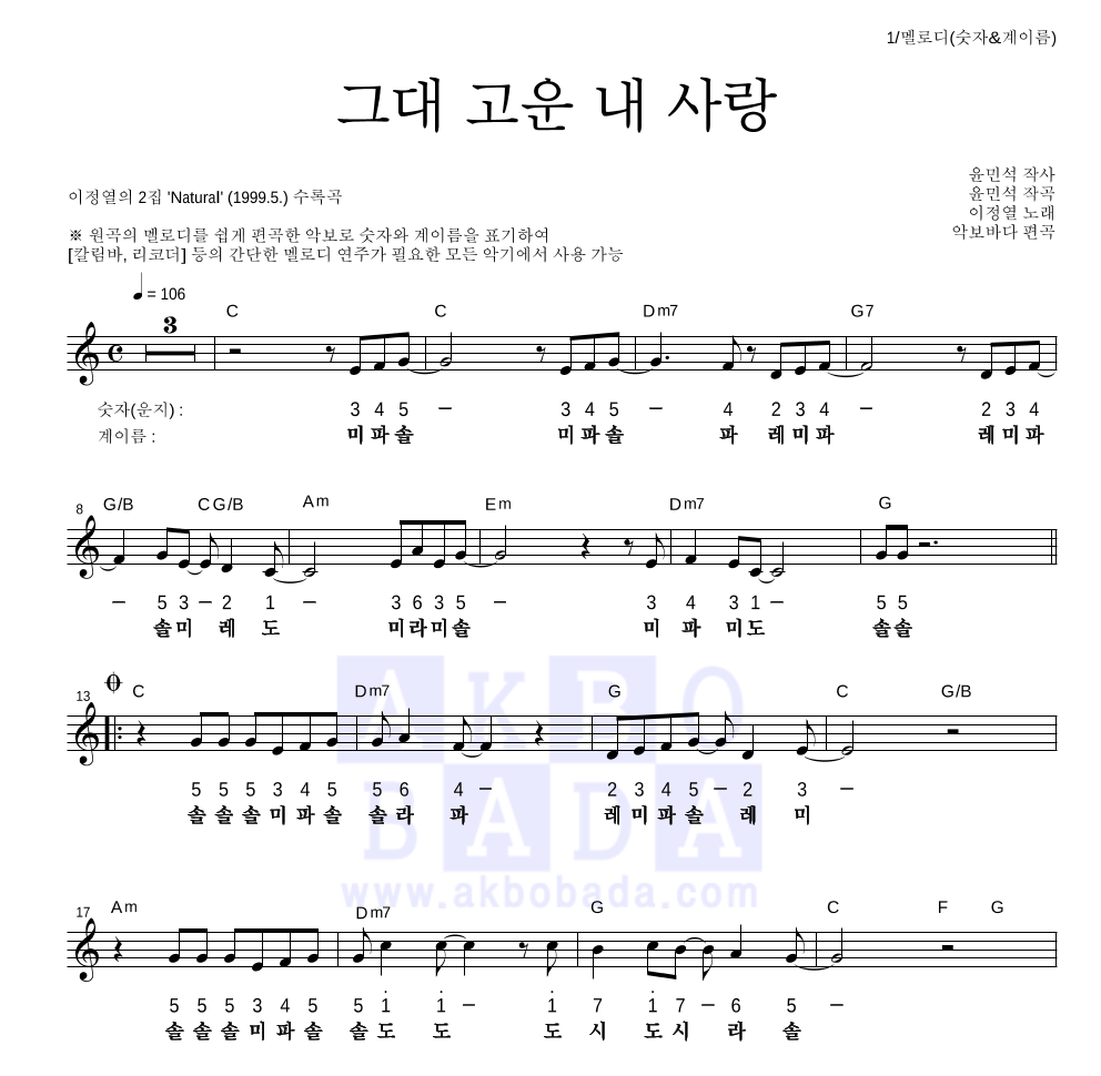 이정열 - 그대 고운 내 사랑 멜로디-숫자&계이름 악보 