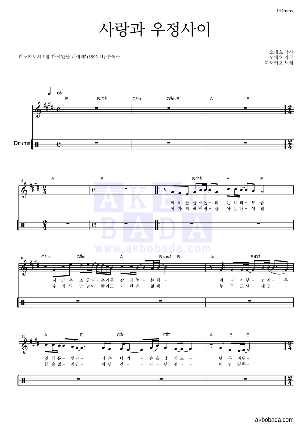 피노키오 - 사랑과 우정사이 드럼 악보 