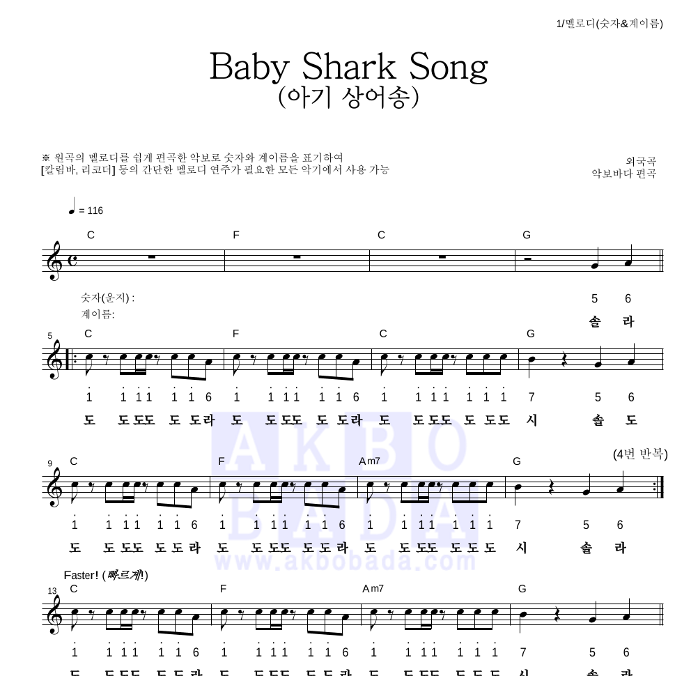 동요 - Baby Shark Song (아기 상어송) 멜로디-숫자&계이름 악보 