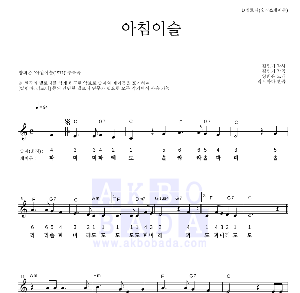 양희은 - 아침이슬 멜로디-숫자&계이름 악보 