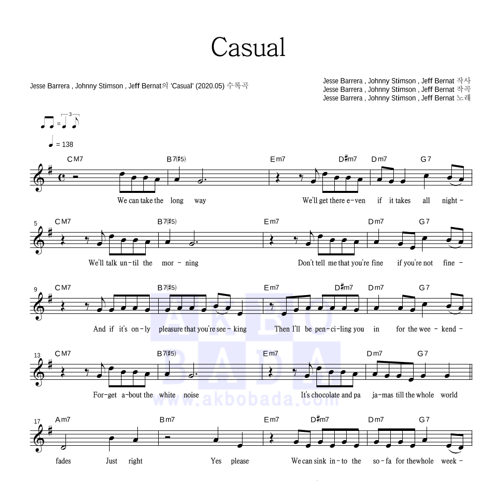 Jesse Barrera,Johnny Stimson,Jeff Bernat - Casual 멜로디 악보 