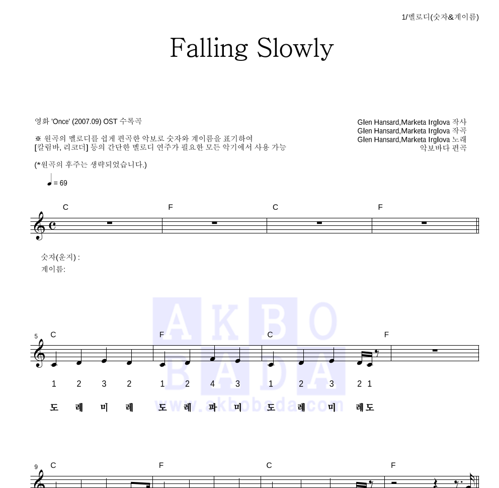 Glen Hansard,Marketa Irglova - Falling Slowly 멜로디-숫자&계이름 악보 